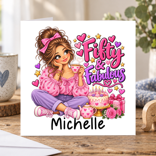 Personalised Fifty and Fabulous Birthday Card, Any Name, 6x6 Inch – square white greeting card with personalised name; example shown