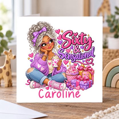 Personalised Sixty and Sensational Birthday Card, Any Name, 6x6 Inch – square white greeting card with personalised name; example shown