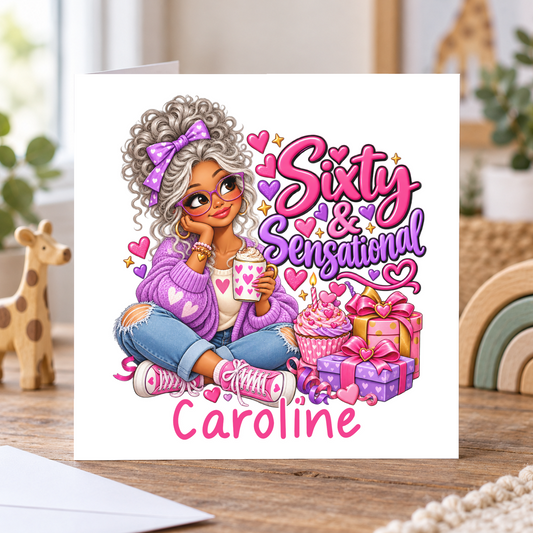 Personalised Sixty and Sensational Birthday Card, Any Name, 6x6 Inch – square white greeting card with personalised name; example shown