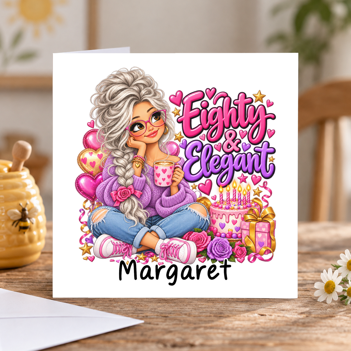 Personalised Eighty and Elegant Birthday Card, Any Name, 6x6 Inch – square white greeting card with personalised name; example shown