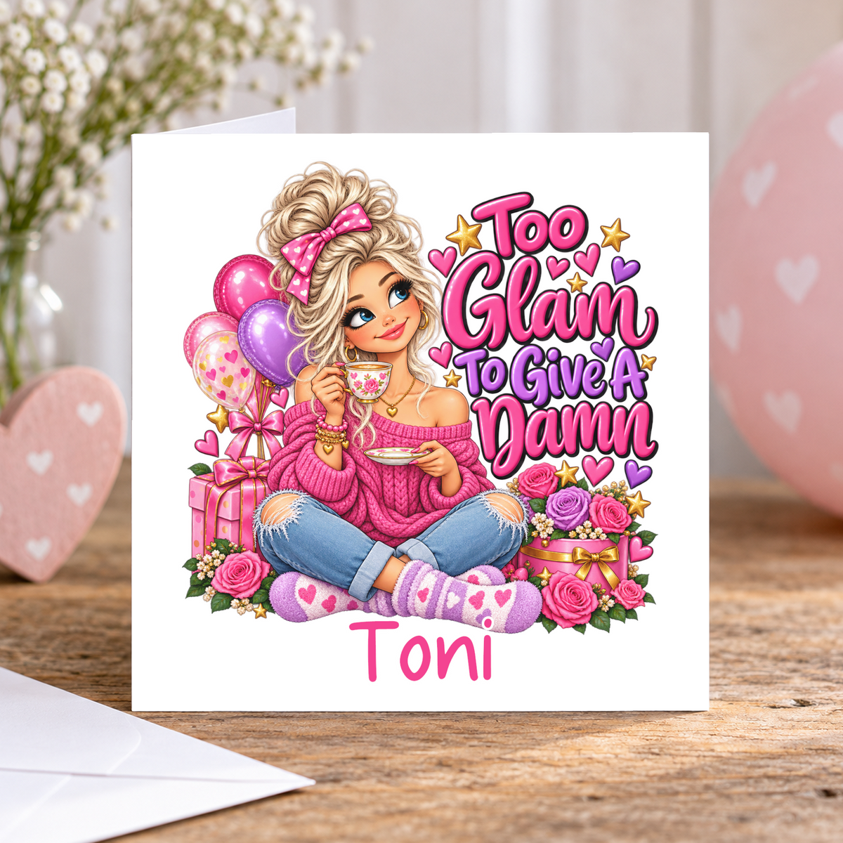 Personalised Too Glam to Give a Damn Birthday Card, Any Name, 6x6 Inch – square white greeting card with personalised name; example shown