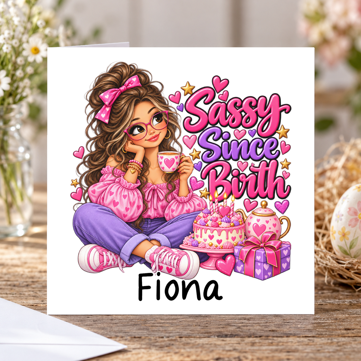 Personalised Sassy Since Birth Birthday Card, Any Name, 6x6 Inch – square white greeting card with personalised name; example shown