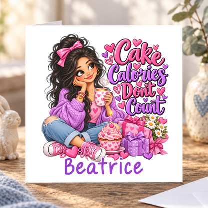 Personalised Cake Calories Don't Count Birthday Card, Any Name, 6x6 Inch – square white greeting card with personalised name; example shown