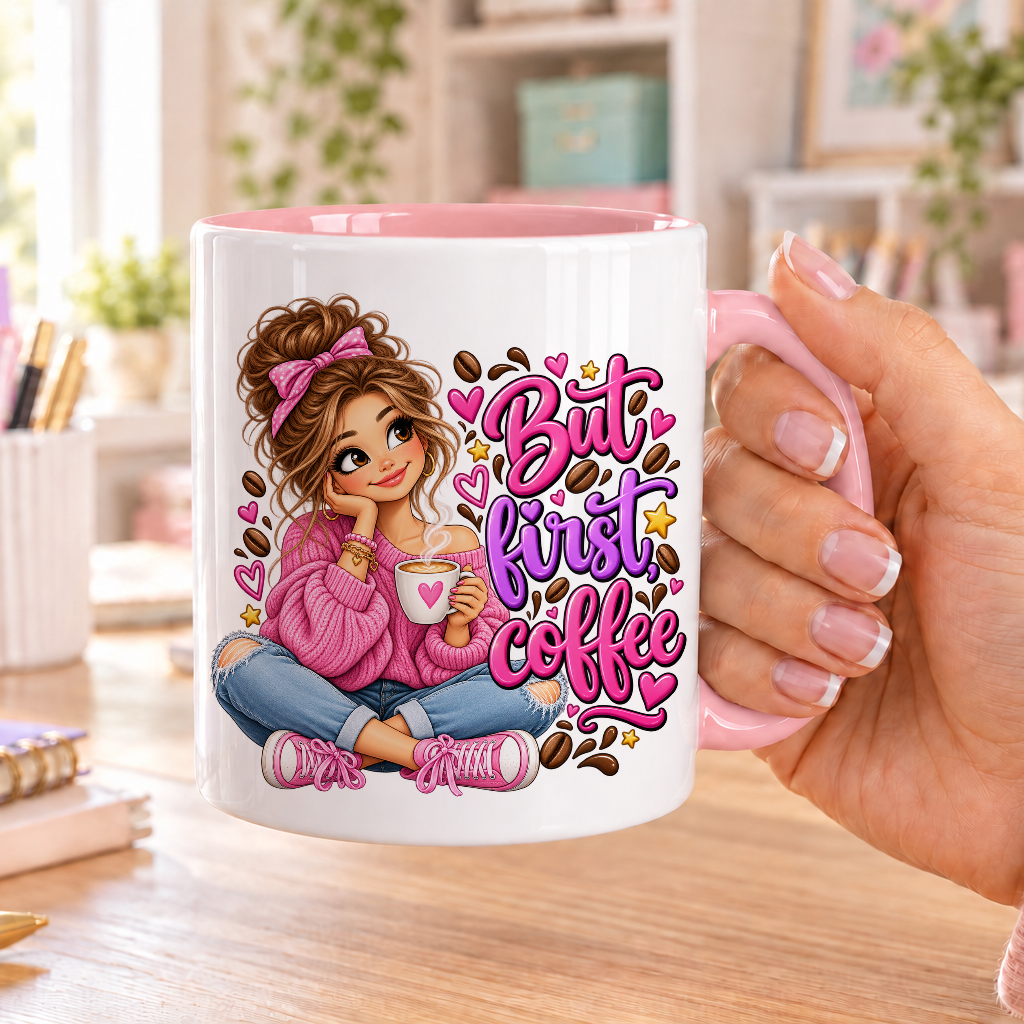 But First Coffee design – white ceramic mug with pink handle and pink inside