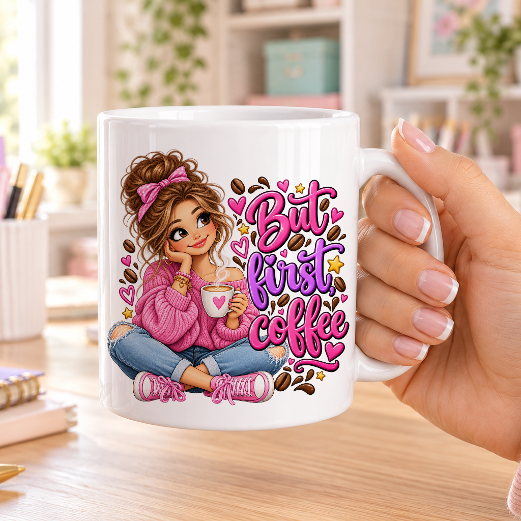 But First Coffee design – plain white ceramic mug