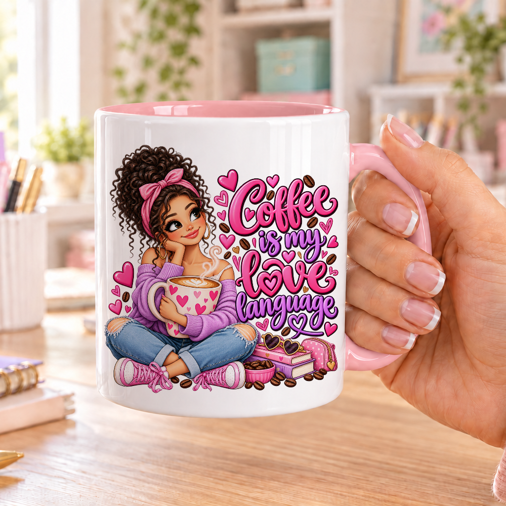 Coffee is my Love Language design – white ceramic mug with pink handle and pink inside