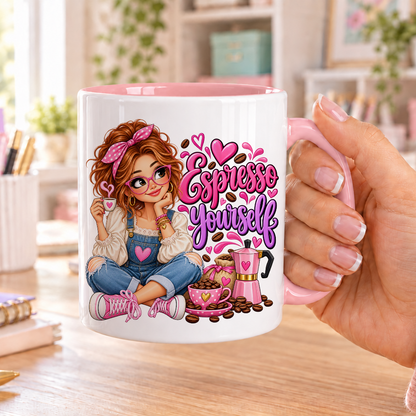 Espresso Yourself design – white ceramic mug with pink handle and pink inside