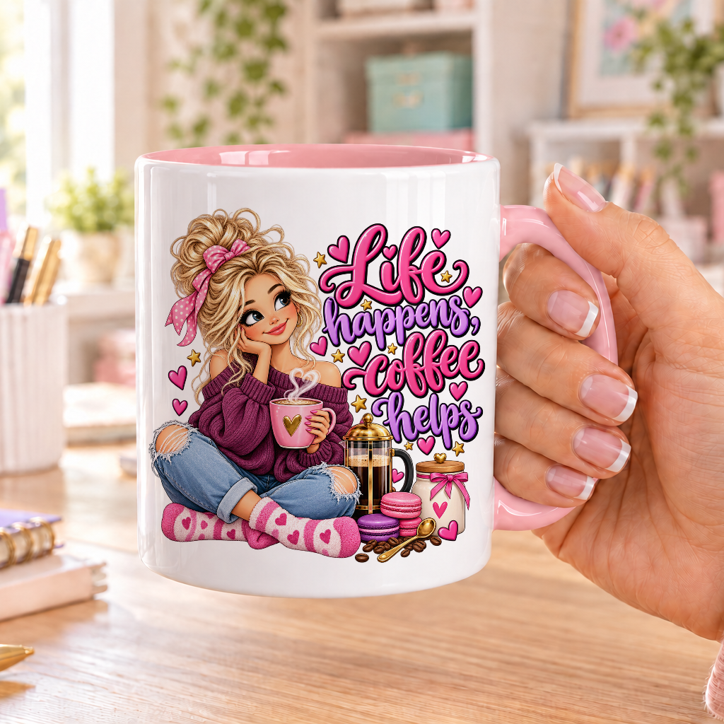 Life Happens Coffee Helps design – white ceramic mug with pink handle and pink inside
