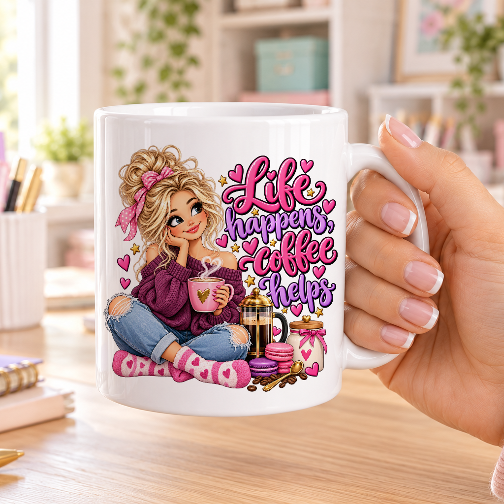 Life Happens Coffee Helps design – plain white ceramic mug