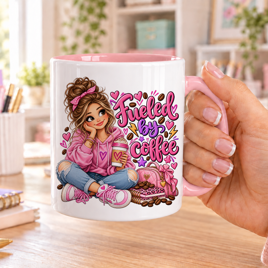 Fueled by Coffee design – white ceramic mug with pink handle and pink inside