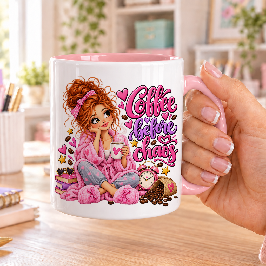 Coffee Before Chaos design – white ceramic mug with pink handle and pink inside