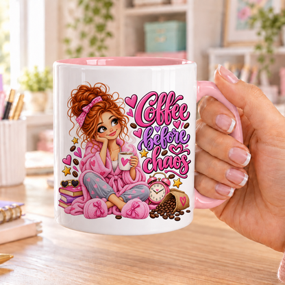 Coffee Before Chaos design – white ceramic mug with pink handle and pink inside