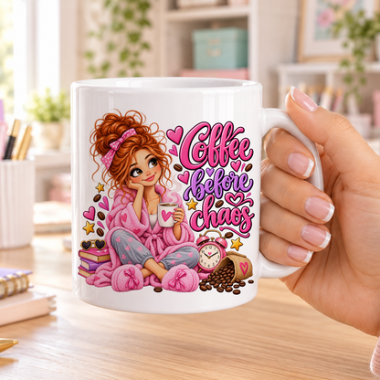 Coffee Before Chaos design – plain white ceramic mug