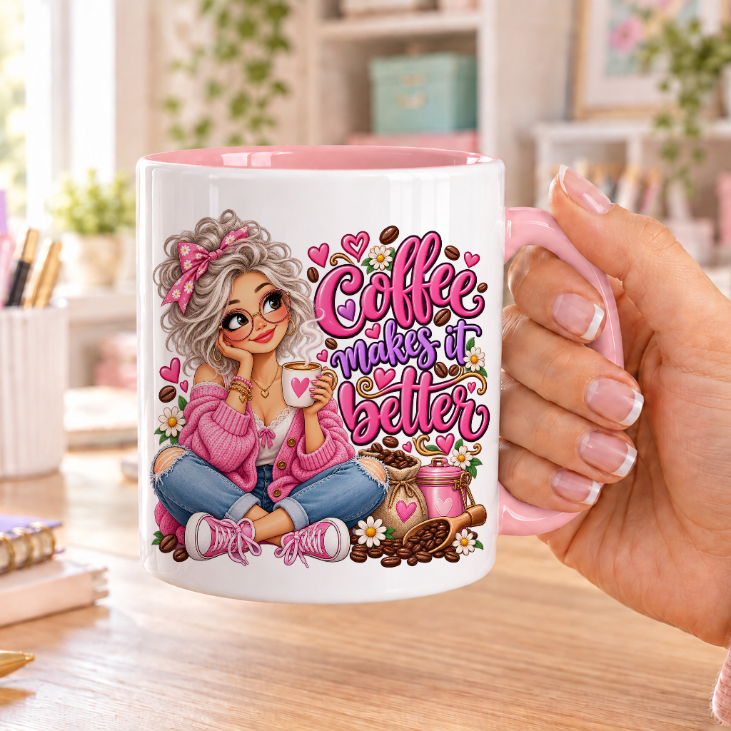 Coffee Makes it Better design – white ceramic mug with pink handle and pink inside
