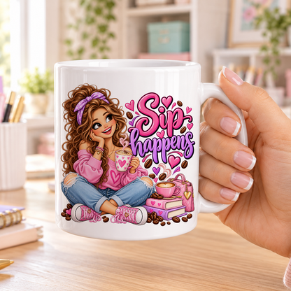 Sip Happens design – plain white ceramic mug