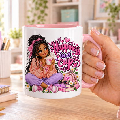 Happiness in a Cup design – white ceramic mug with pink handle and pink inside