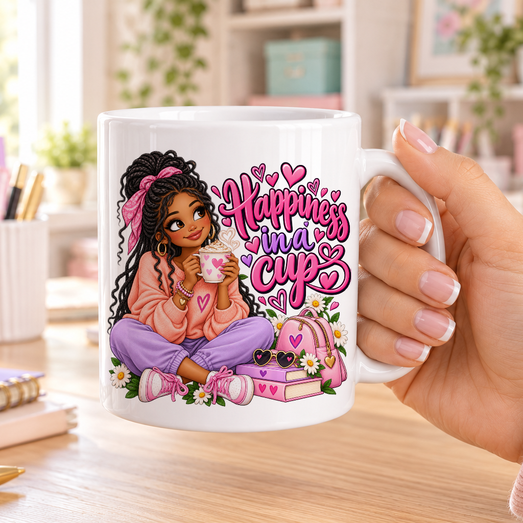 Happiness in a Cup design – plain white ceramic mug