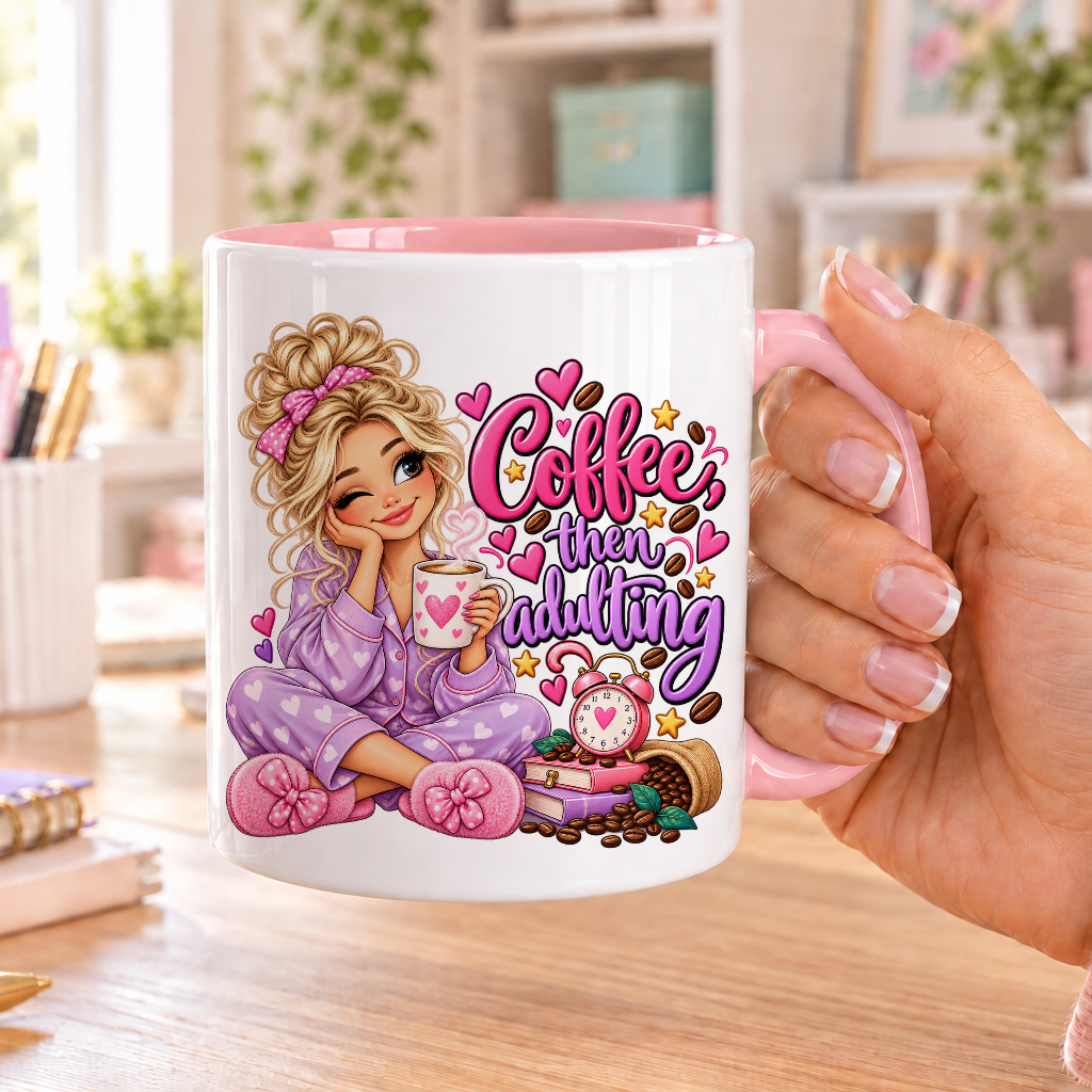 Coffee then Adulting design – white ceramic mug with pink handle and pink inside