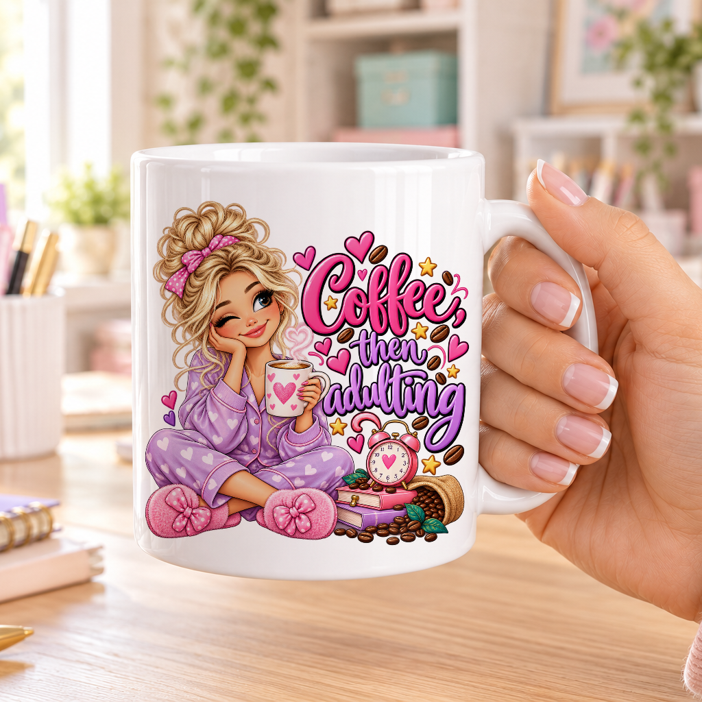 Coffee then Adulting design – plain white ceramic mug