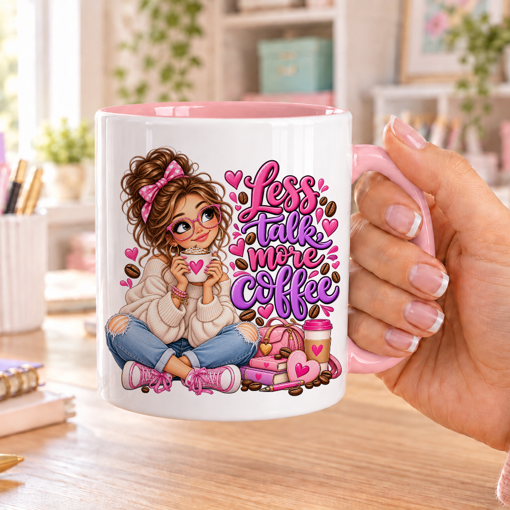 Less Talk More Coffee design – white ceramic mug with pink handle and pink inside