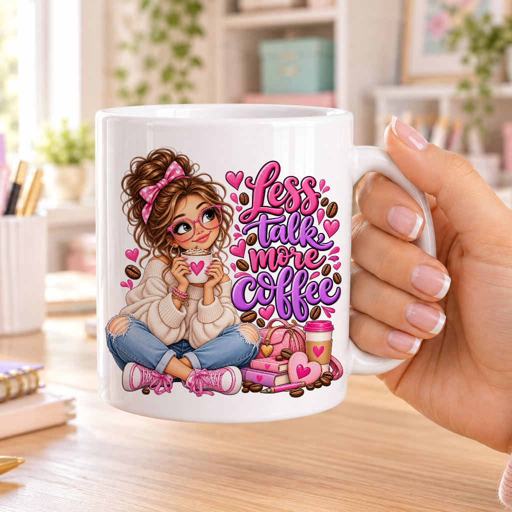 Less Talk More Coffee design – plain white ceramic mug