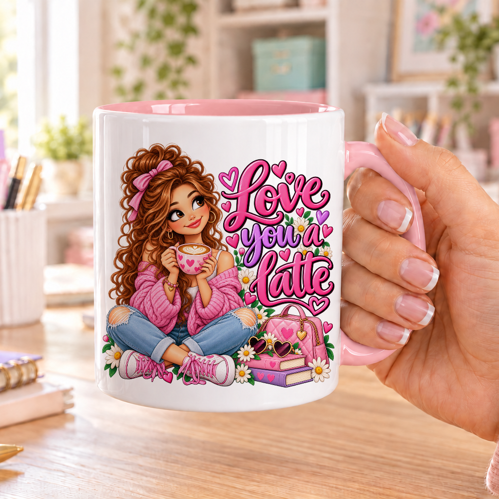 Love you a Latte design – white ceramic mug with pink handle and pink inside