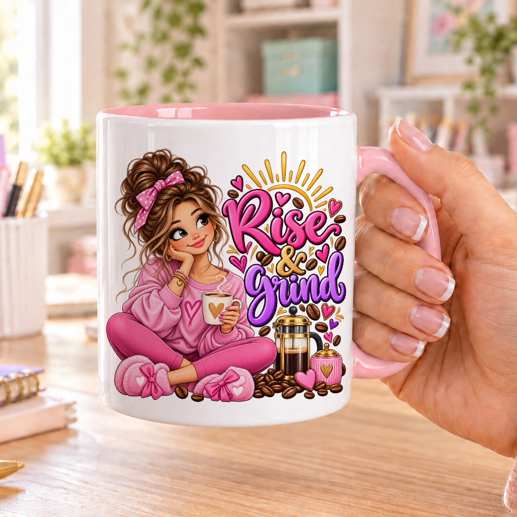 Rise and Grind design – white ceramic mug with pink handle and pink inside
