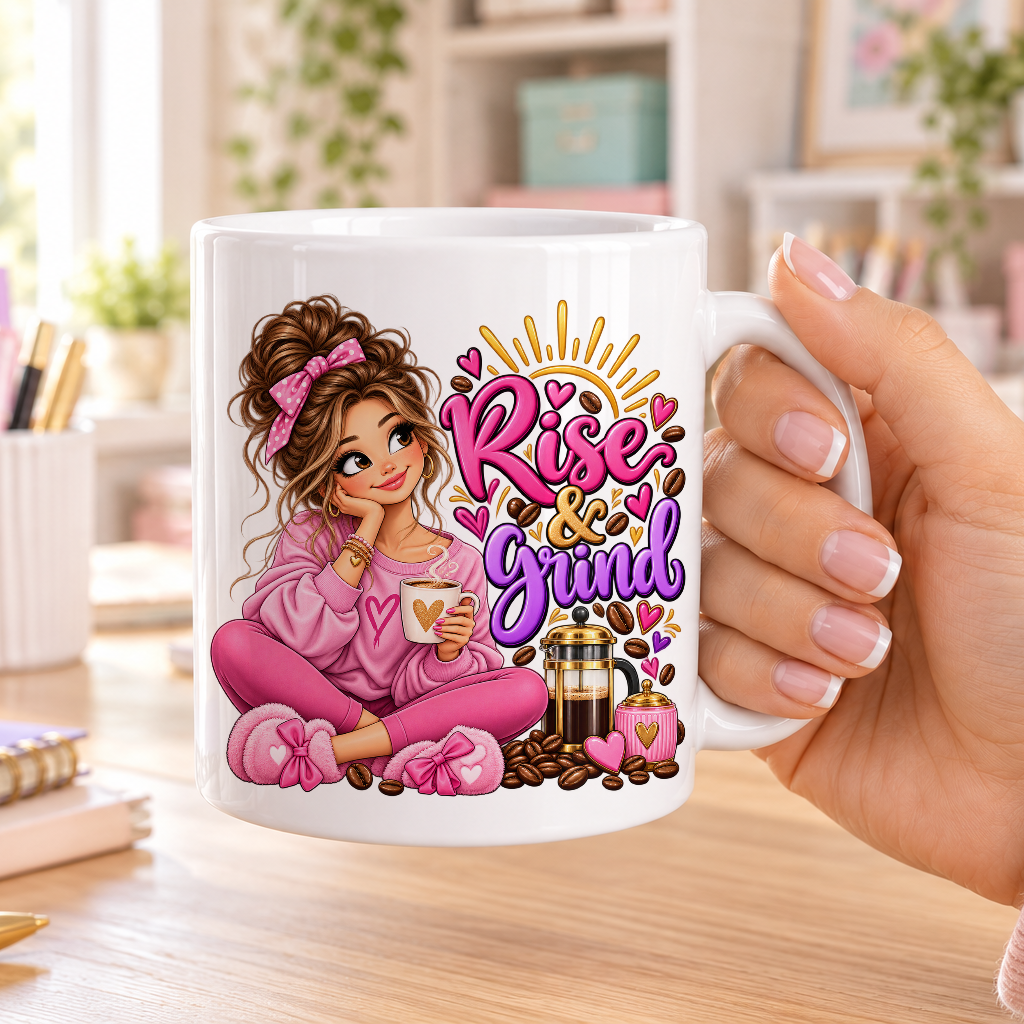 Rise and Grind design – plain white ceramic mug