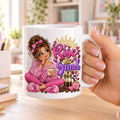 Rise and Grind design – plain white ceramic mug