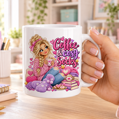 Coffee and Cosy Socks design – plain white ceramic mug