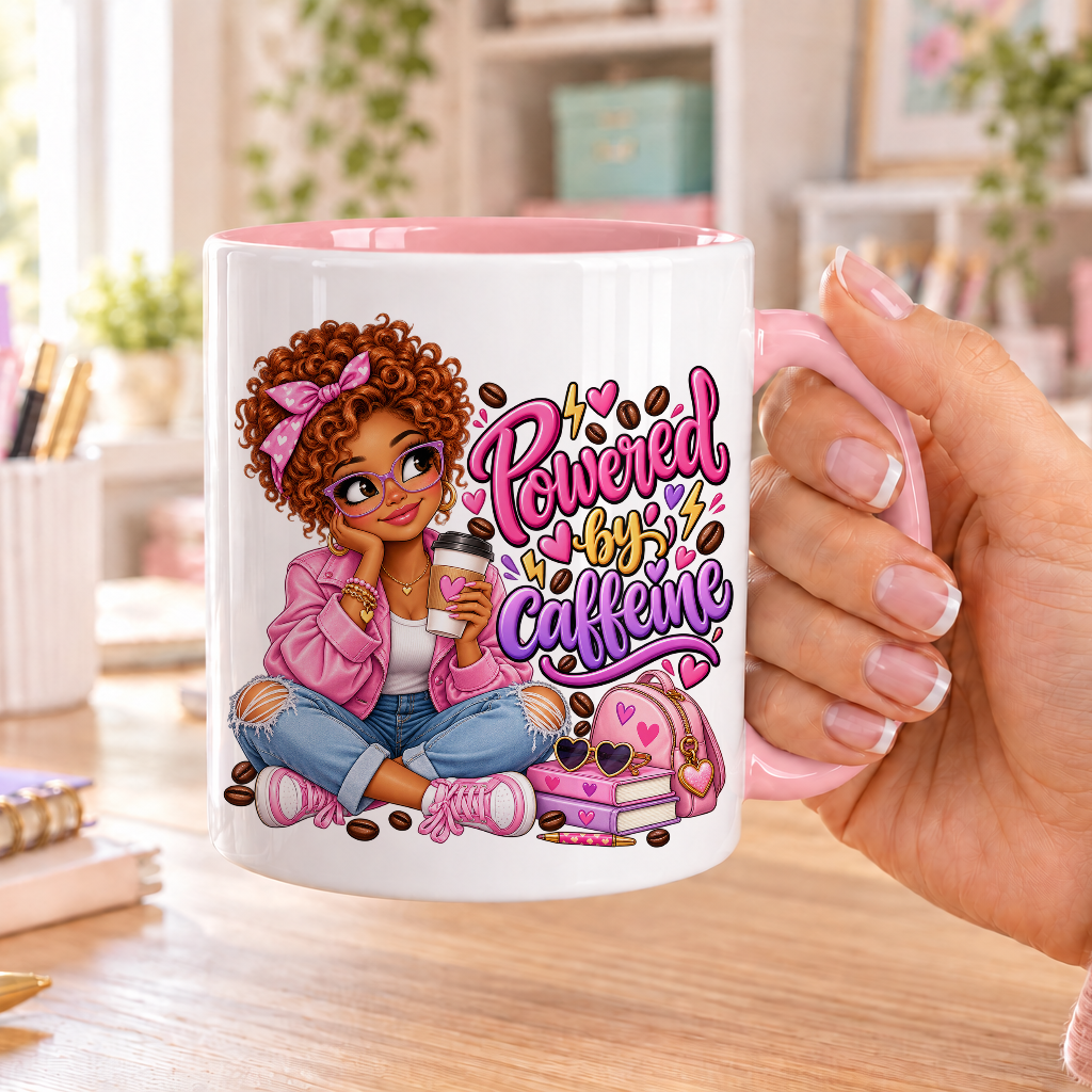 Powered by Caffeine design – white ceramic mug with pink handle and pink inside