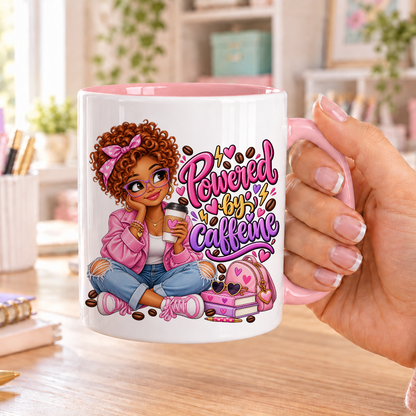 Powered by Caffeine design – white ceramic mug with pink handle and pink inside