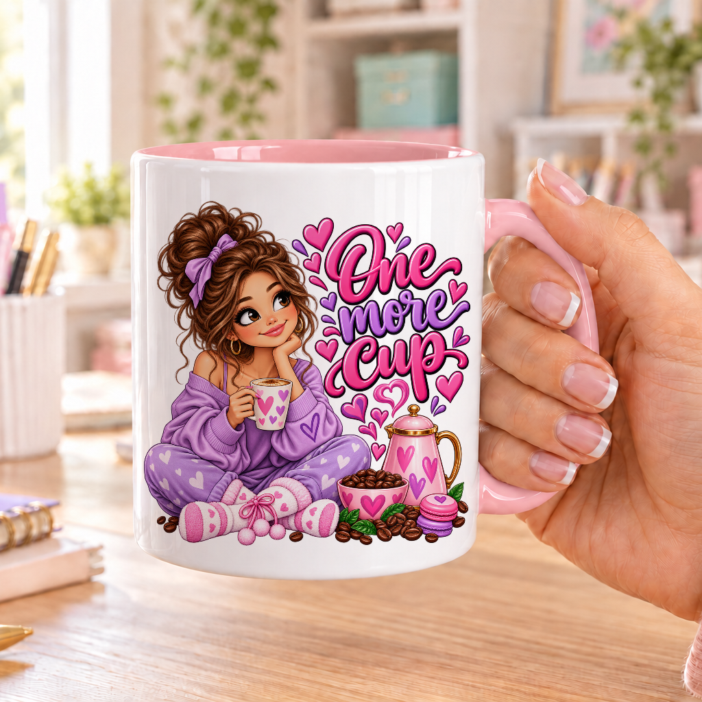 One More Cup design – white ceramic mug with pink handle and pink inside