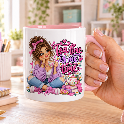 Tea Time is me Time design – white ceramic mug with pink handle and pink inside