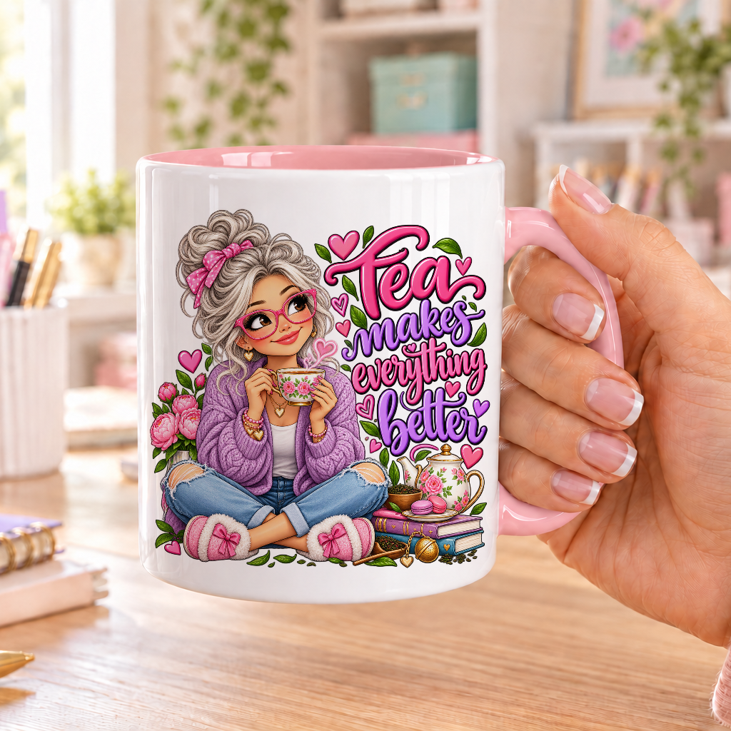 Tea Makes Everything Better design – white ceramic mug with pink handle and pink inside