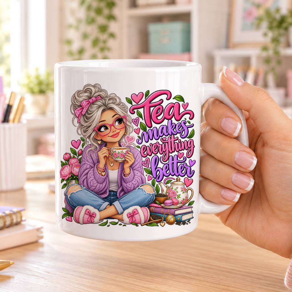 Tea Makes Everything Better design – plain white ceramic mug