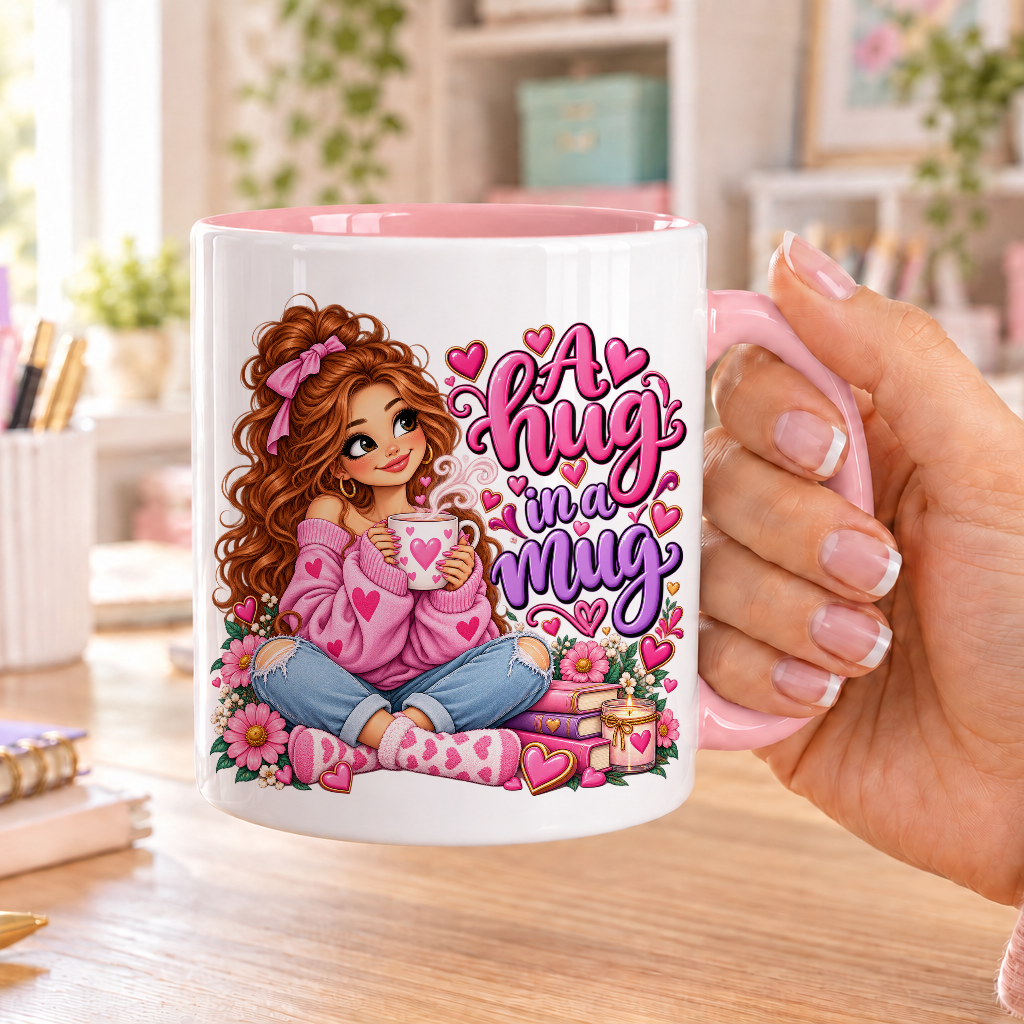 A Hug in a Mug design – white ceramic mug with pink handle and pink inside