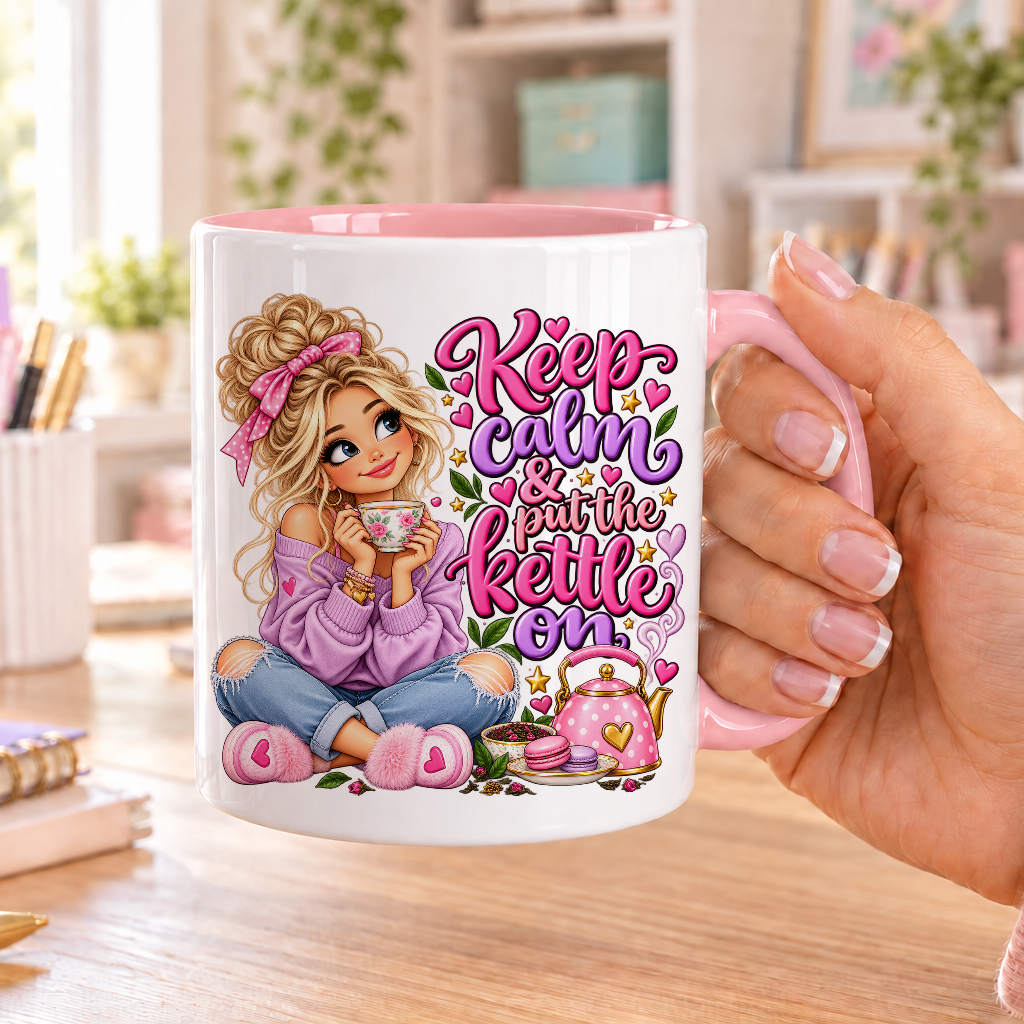 Keep Calm and Put the Kettle on design – white ceramic mug with pink handle and pink inside