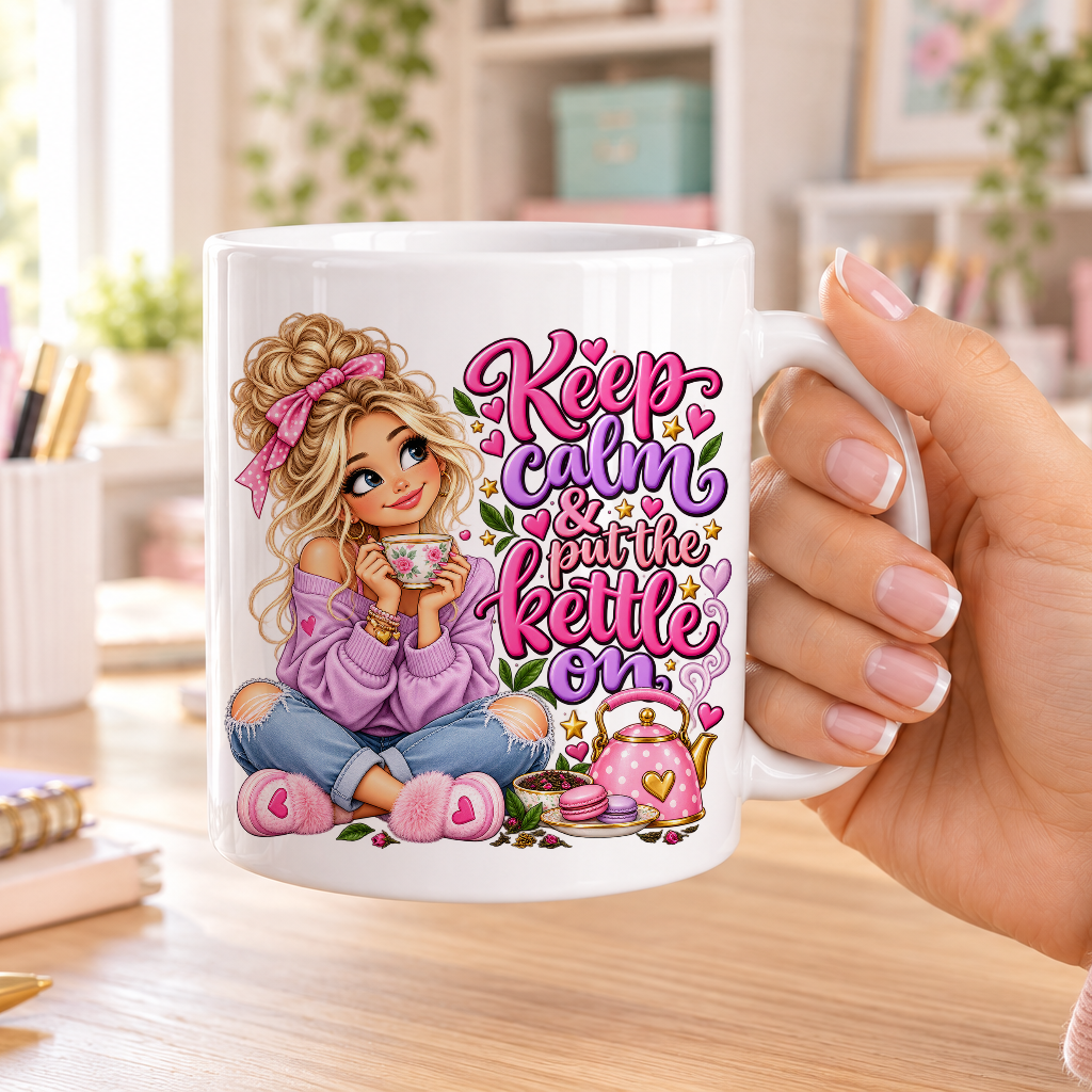 Keep Calm and Put the Kettle on design – plain white ceramic mug