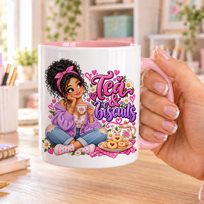 Tea and Biscuits design – white ceramic mug with pink handle and pink inside