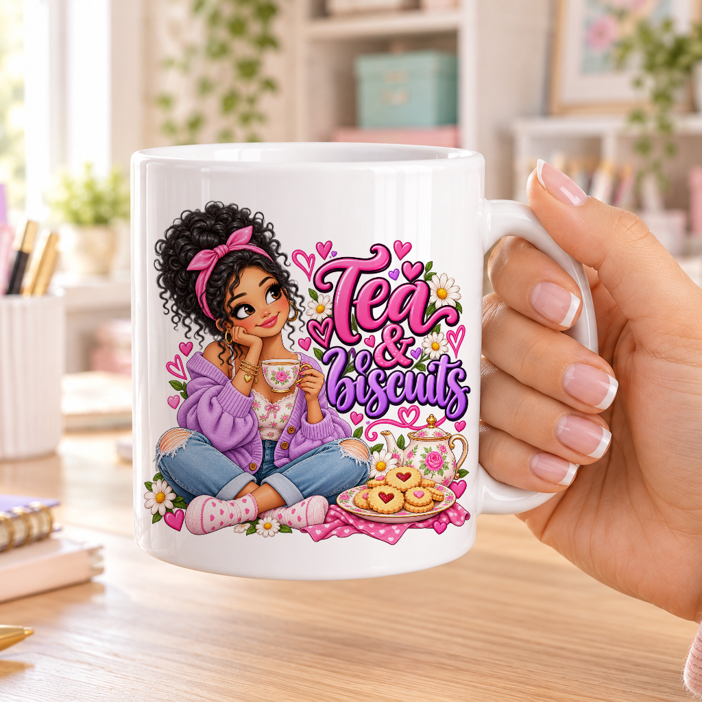 Tea and Biscuits design – plain white ceramic mug