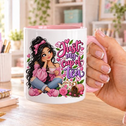 Just my Cup of Tea design – white ceramic mug with pink handle and pink inside