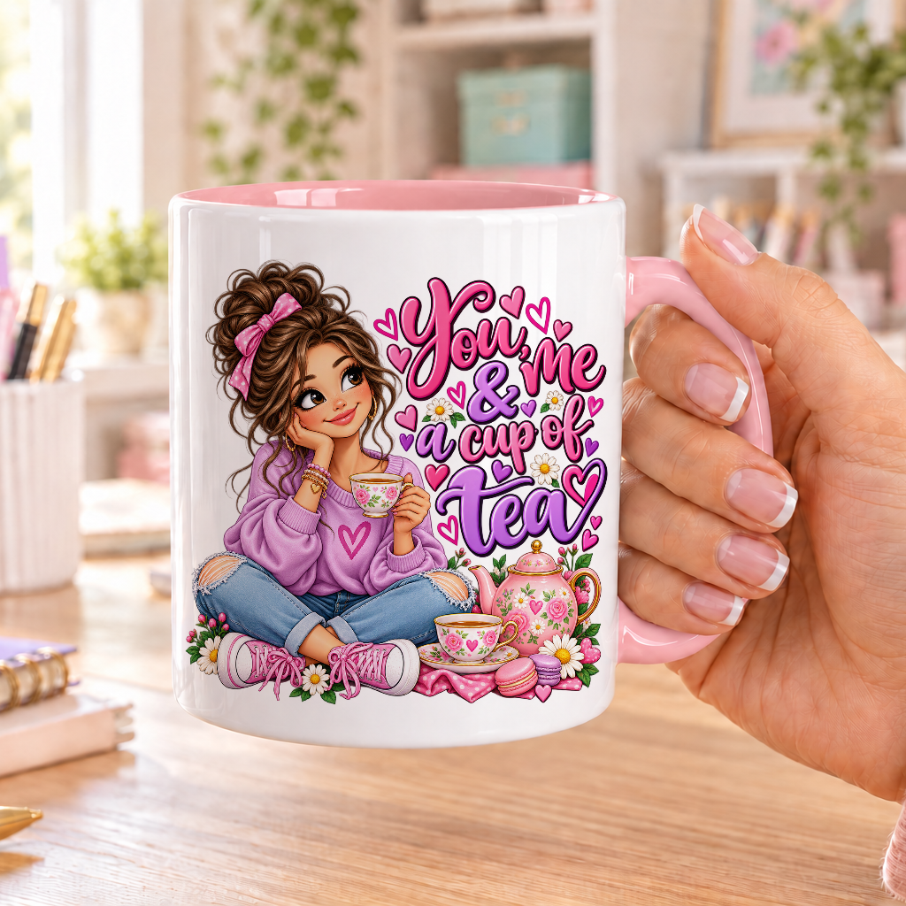You me and a Cup of Tea design – white ceramic mug with pink handle and pink inside
