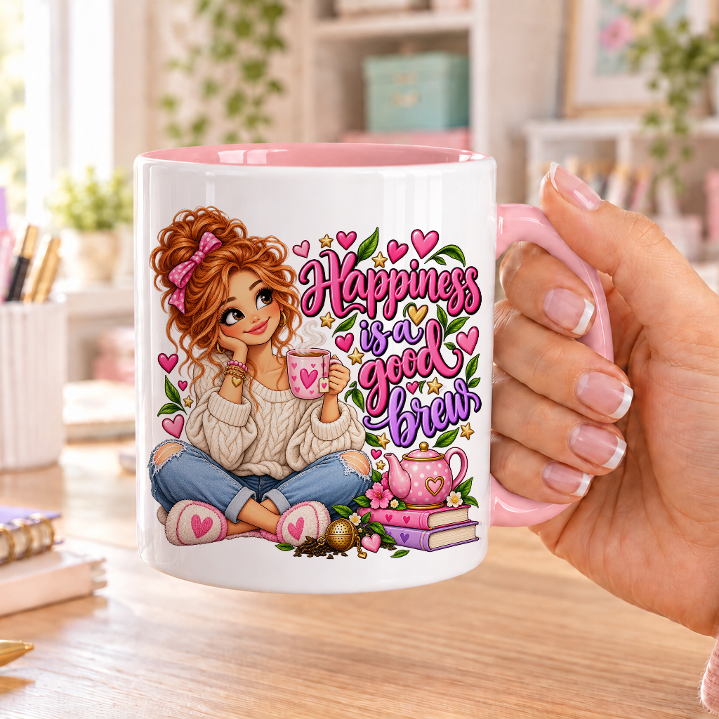 Happiness is a Good Brew design – white ceramic mug with pink handle and pink inside