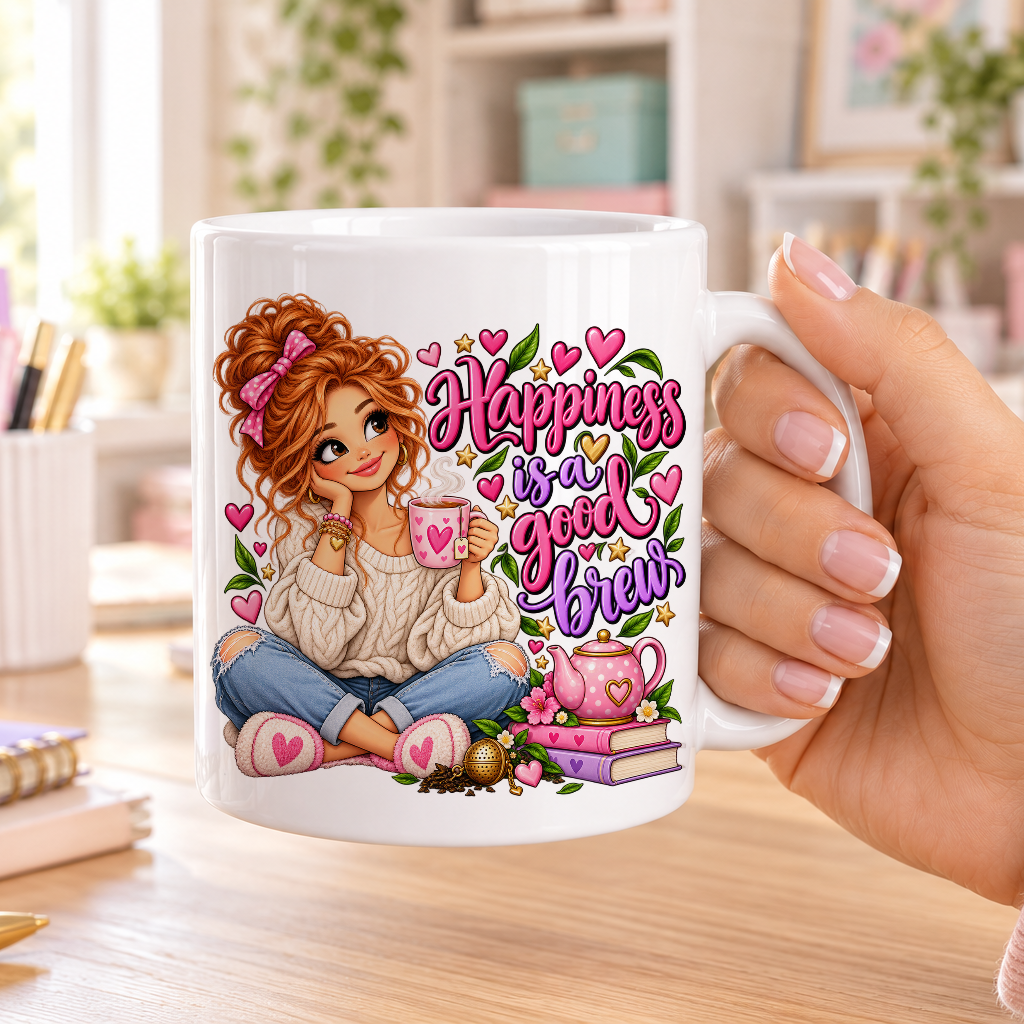Happiness is a Good Brew design – plain white ceramic mug