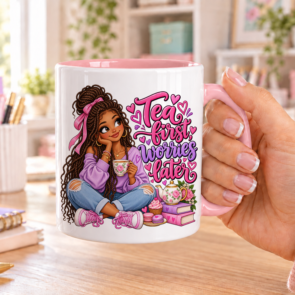 Tea First Worries Later design – white ceramic mug with pink handle and pink inside