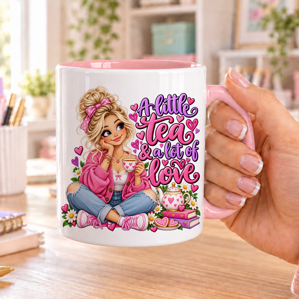 A Little Tea and a Lot of Love design – white ceramic mug with pink handle and pink inside