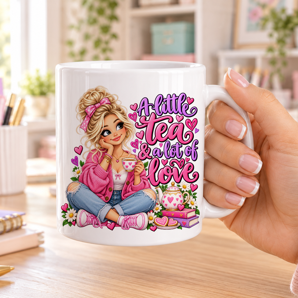 A Little Tea and a Lot of Love design – plain white ceramic mug