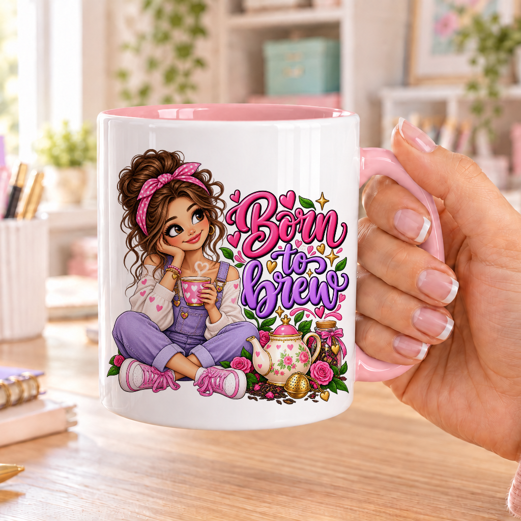 Born to Brew design – white ceramic mug with pink handle and pink inside