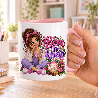 Born to Brew design – white ceramic mug with pink handle and pink inside
